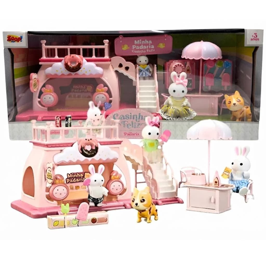 Casinha Feliz Padaria Coleção Playset Boneco Família Coelhos