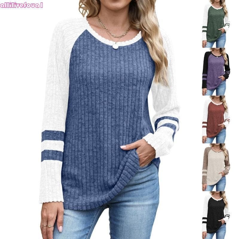 allilivefoua1 Suéteres Femininos Comprida Bloco Colorido Camisas Casuais Outono