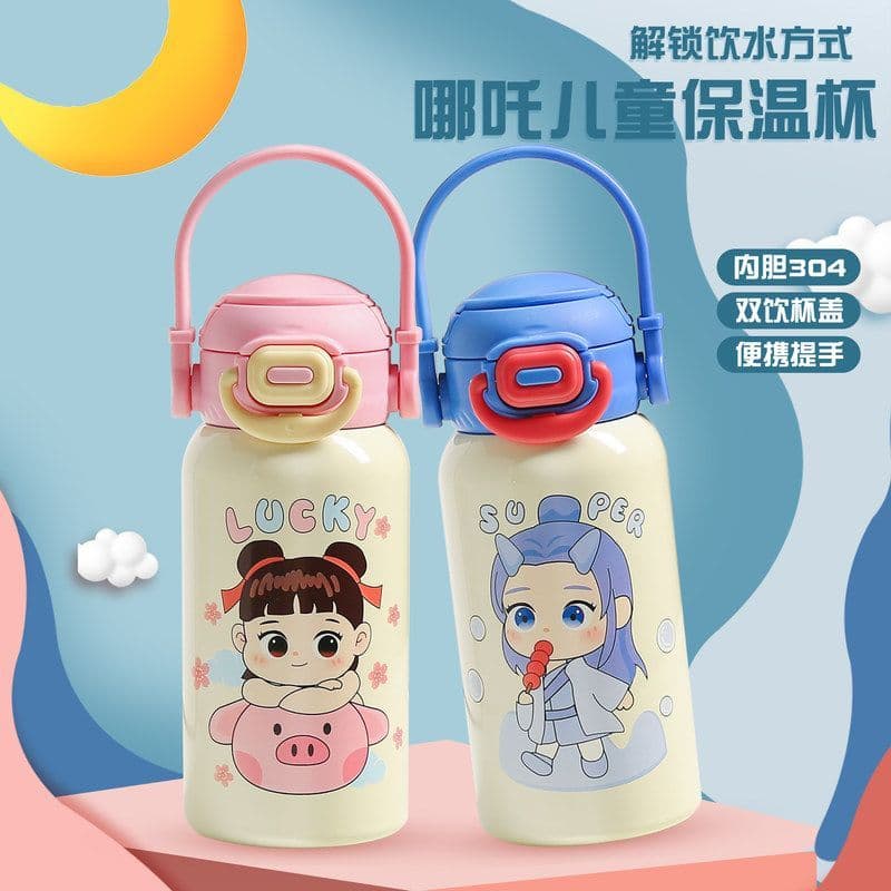National Trendy Nezha Thermos Cup Copo de água de aço inoxidável de grande capacidade Copo térmico infantil Feminino Cop