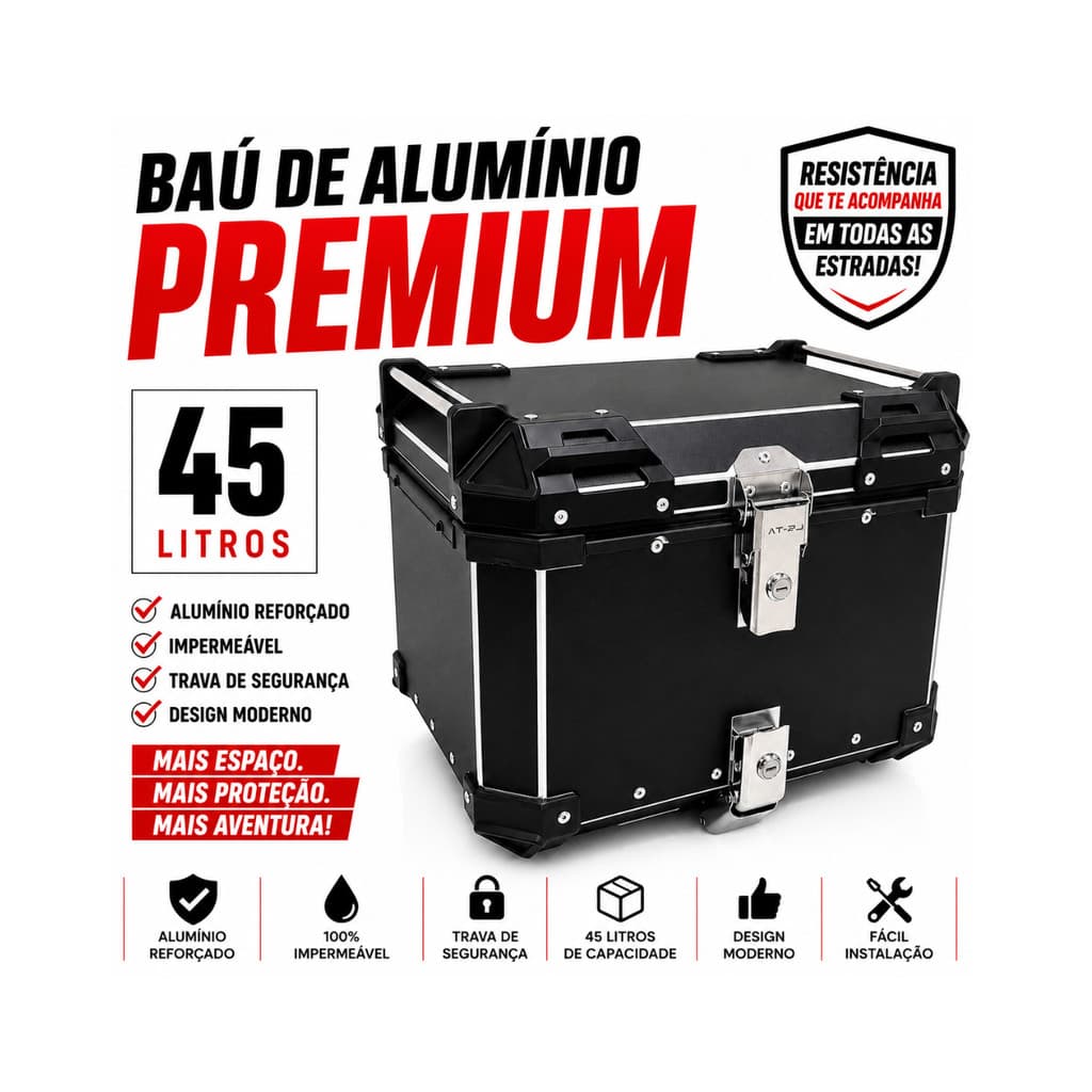 Baú Bauleto Reforçado 45 Litros Aluminio Base Universal Todas As Motos Cor Preto