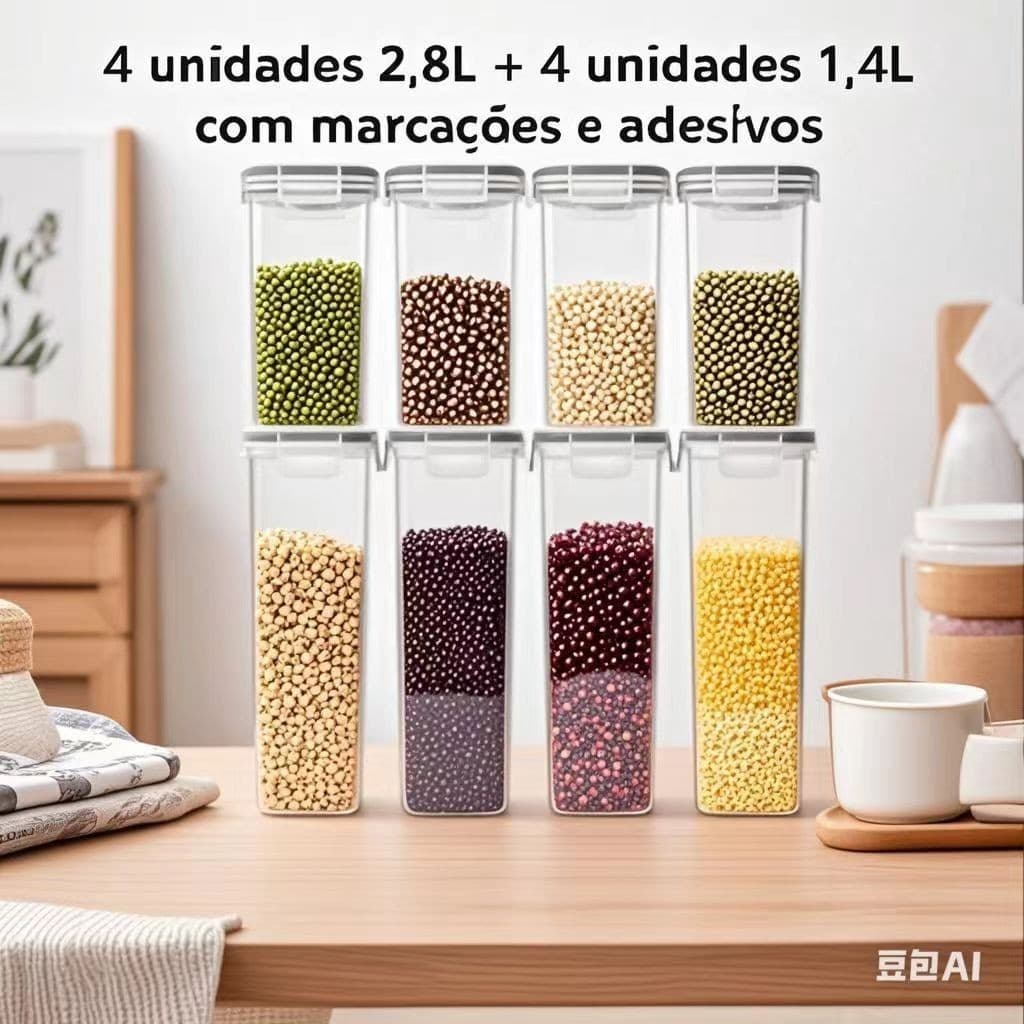 2.8L/1.4L Pote Hermético com Trava Kit 8 Empilhável para Alimentos e Mantimentos de Cozinha Dispensa Potes Herméticos