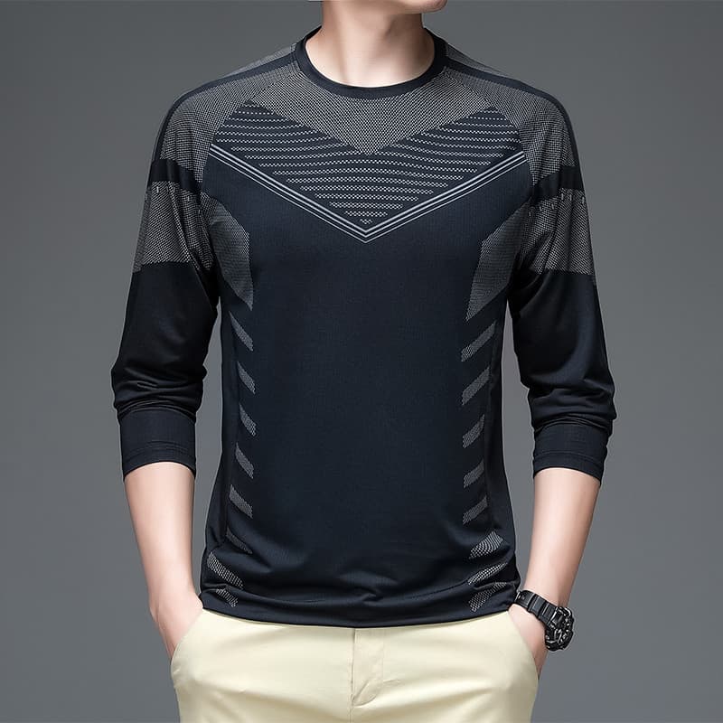 Primavera outono verão Street Wear fino em torno do pescoço de seda gelo camiseta masculina de manga comprida impressa e