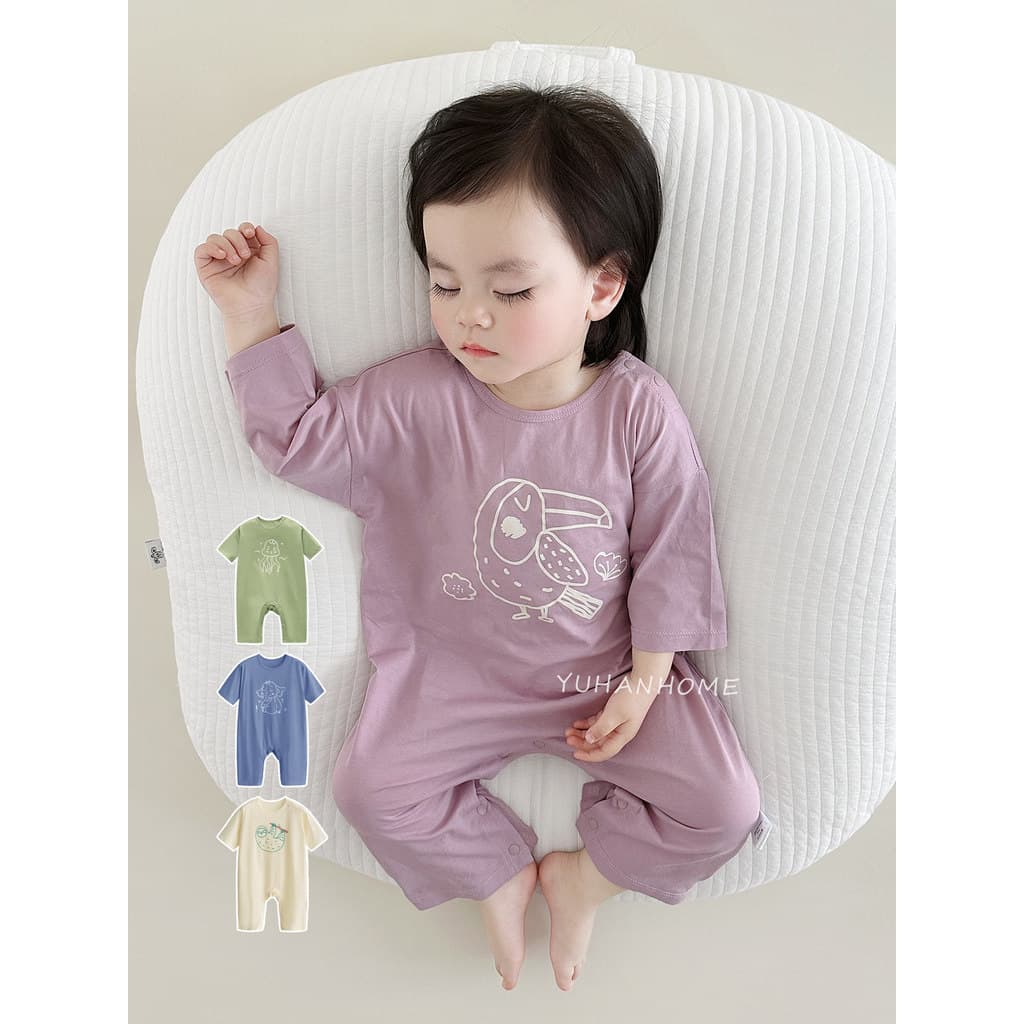 Pijamas de bebê verão estilo fino manga média proteção da barriga roupas de ar condicionado macacão de algodão puro esti