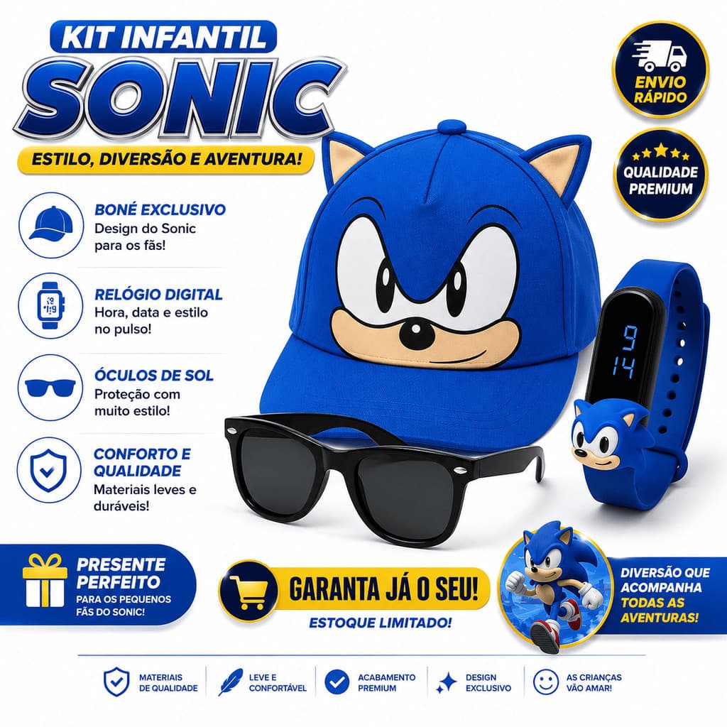 Kit Sonic Boné Relógio e Óculos Infantil Modelo Criança PersonagemHomem Aranha Moda Verão Praia Piscina Férias
