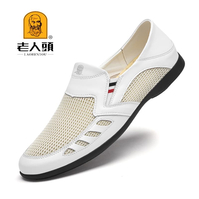 Cabeça de idosos sapatos de malha oca masculino respirável Pedal de verão sapatos de couro de malha de sola macia sapato