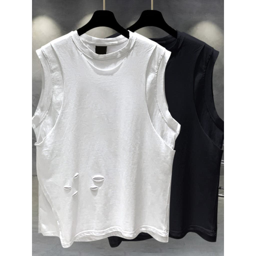 Cor sólida falso de duas peças sem mangas camiseta masculina verão versão coreana na moda bonito rasgado Design casal so