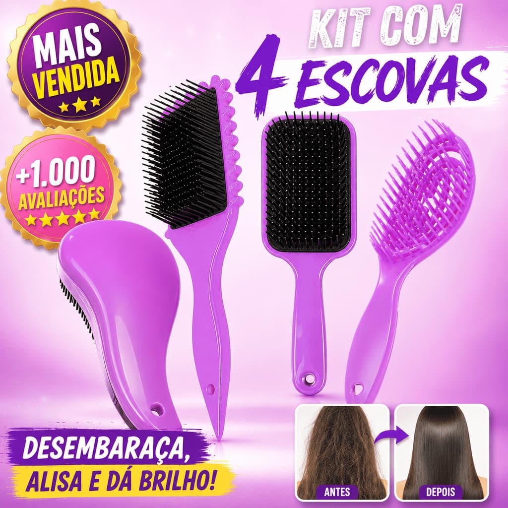 Kit 4 Escovas de Cabelo Profissional Fitagem Desembaraçante Anti Frizz Oval Raquete Curva Mágica