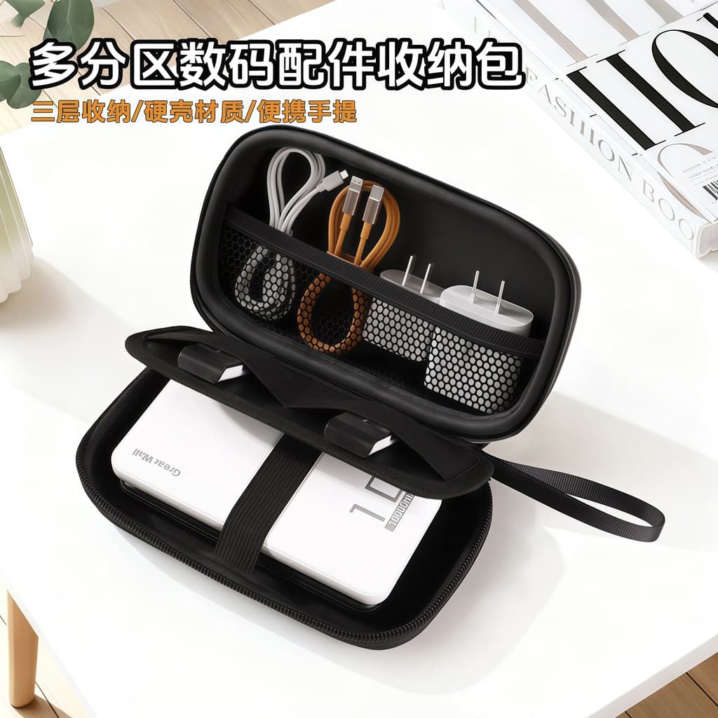 Bolsa de armazenamento digital de casca dura, à prova d'água, resistente a choques, portátil, viagem de negócios, cabo d