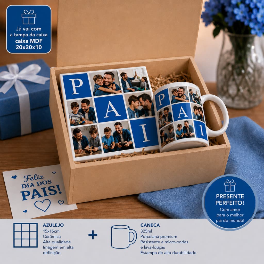 Kit Decorativo Azulejo Dia dos Pais Personalizado com 6 Fotos | Presente | Homenagem | Único e Especial para Pai
