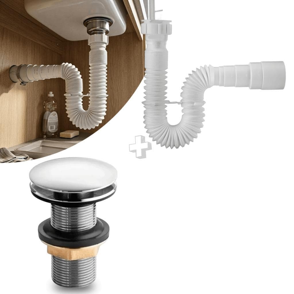 Kit Sifão 70cm Branco + Válvula Click 7/8 Metal Cromado Bruen Banheiro Moderno