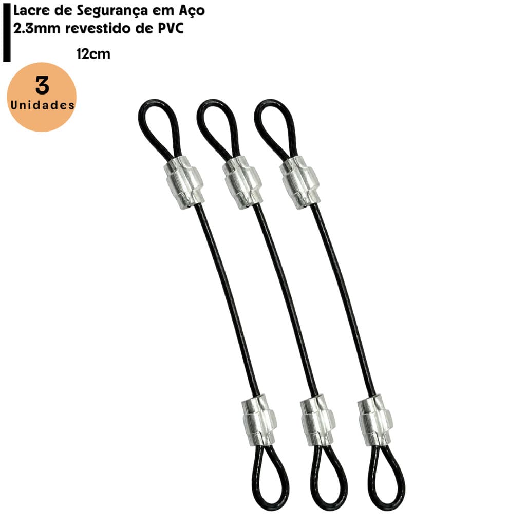 Kit 3 Lacre em Aço Revestido Preto Mala Bagagen Capacete Bike Security Bag - 12cm