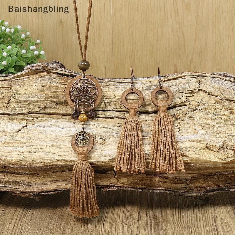 Bsbl Boêmio Estilo Vintage Franja Pingente Círculo De Madeira Design Longo Nelace Brincos Jóias BL