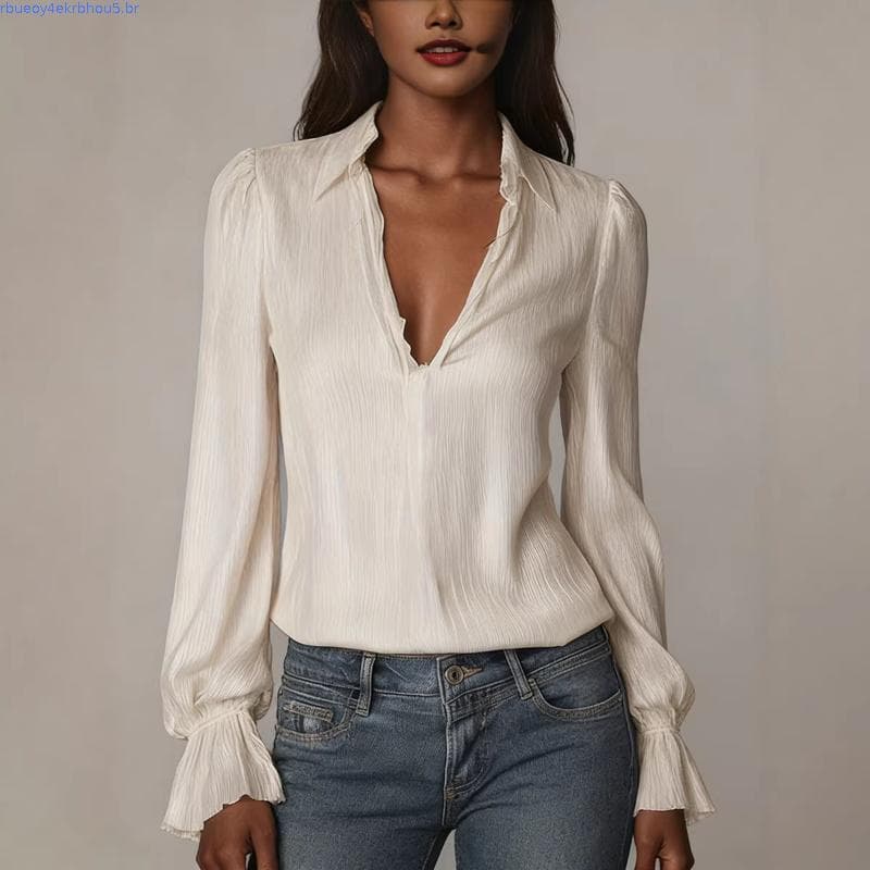 Csa elegante de manga comprida de cor sólida Casual com lapela