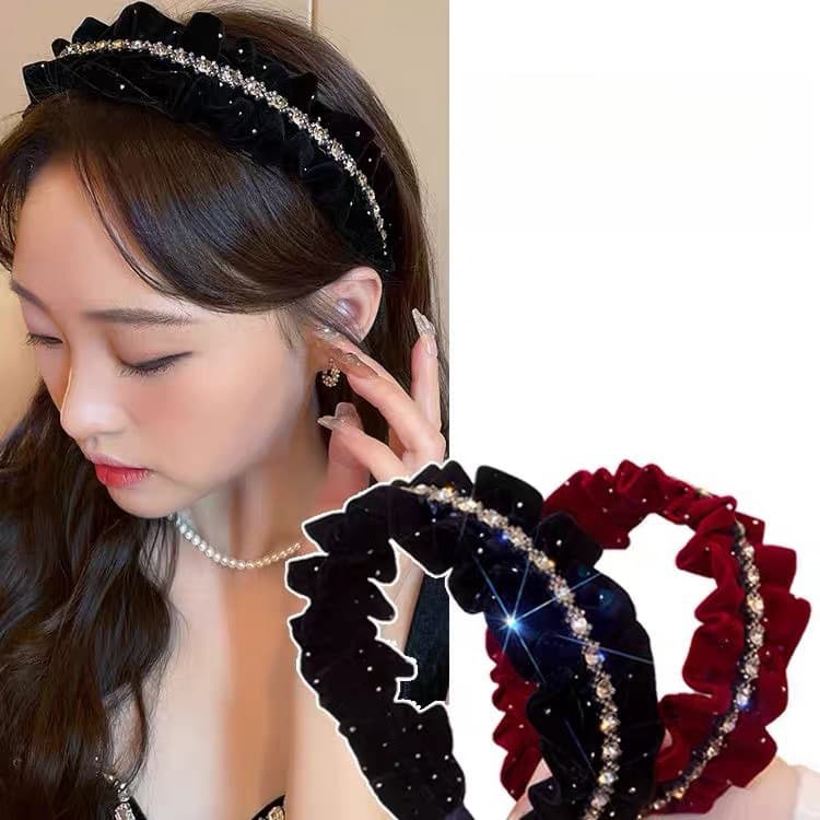 [Estoque pronto] Gypsophila Velvet Plissado Headband Feminino Outono Inverno Novo Estilo High-End Diamond Strip Pression