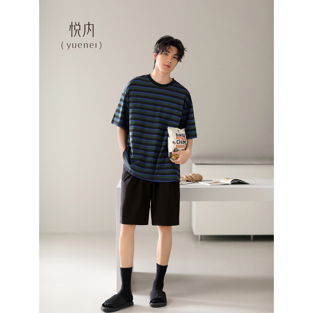 Yue pijamas internos masculinos verão verão Shorts de manga curta puro algodão novo estilo Homewear Retro solto fino lis