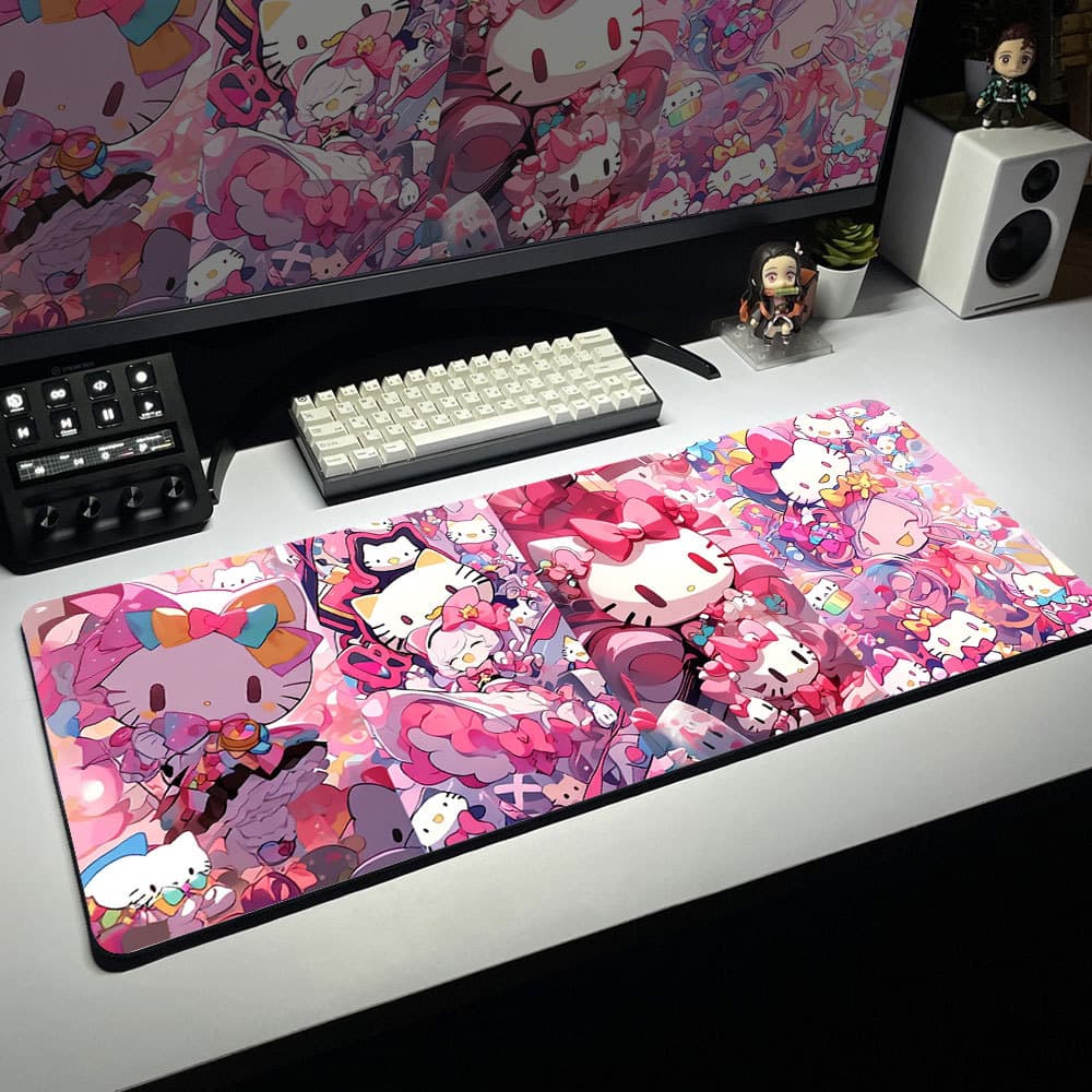 Mouse Pad 80x30cm Xadrez e Flores com Kitty, Melody e Kuromi Proteção de Mesa para Teclado e Mouse PC Notebook