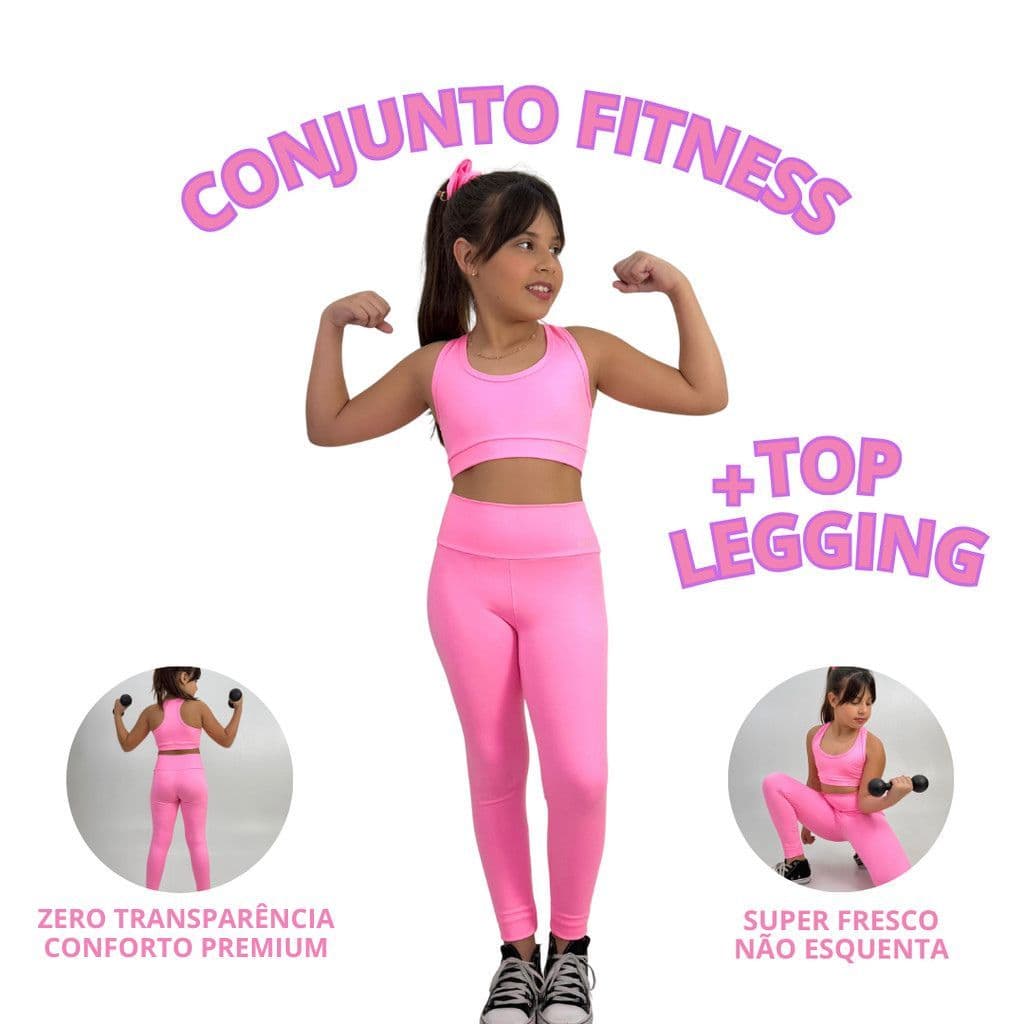 Conjunto Fitness Infantil Top e Calça Legging Suplex Zero Transparência Academia Ginástica Conjunto Fitness Infantil