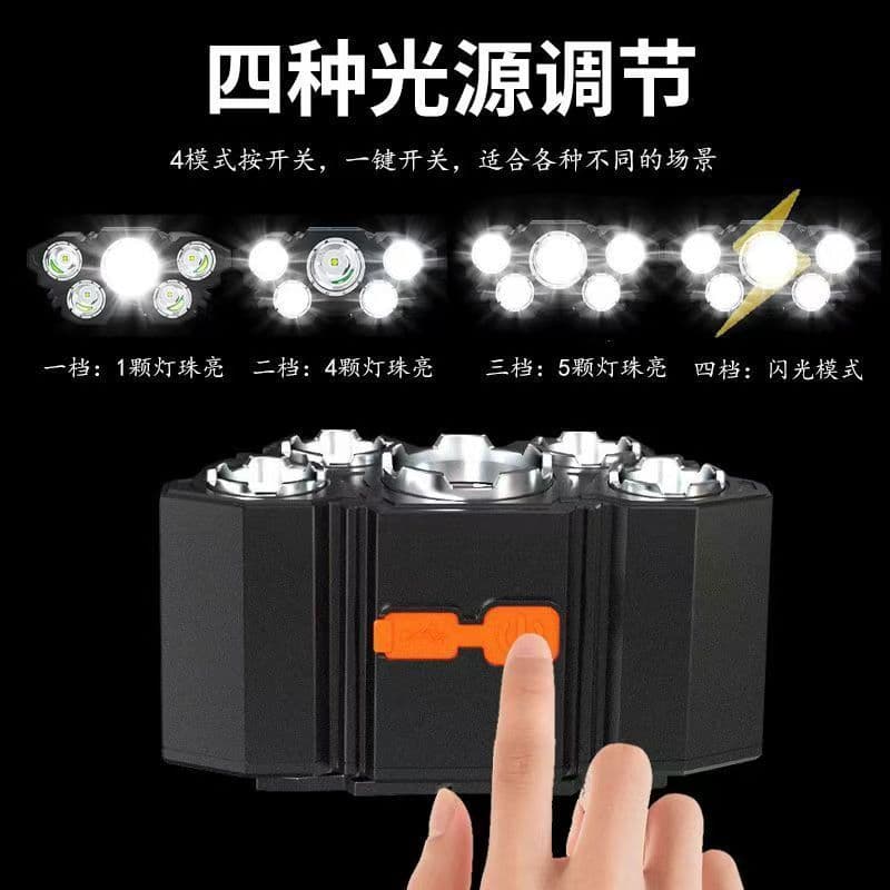 Farol de luz forte 5led, recarregável, à prova d'água, montado na cabeça, ciclismo, pesca ao ar livre, bateria de longa