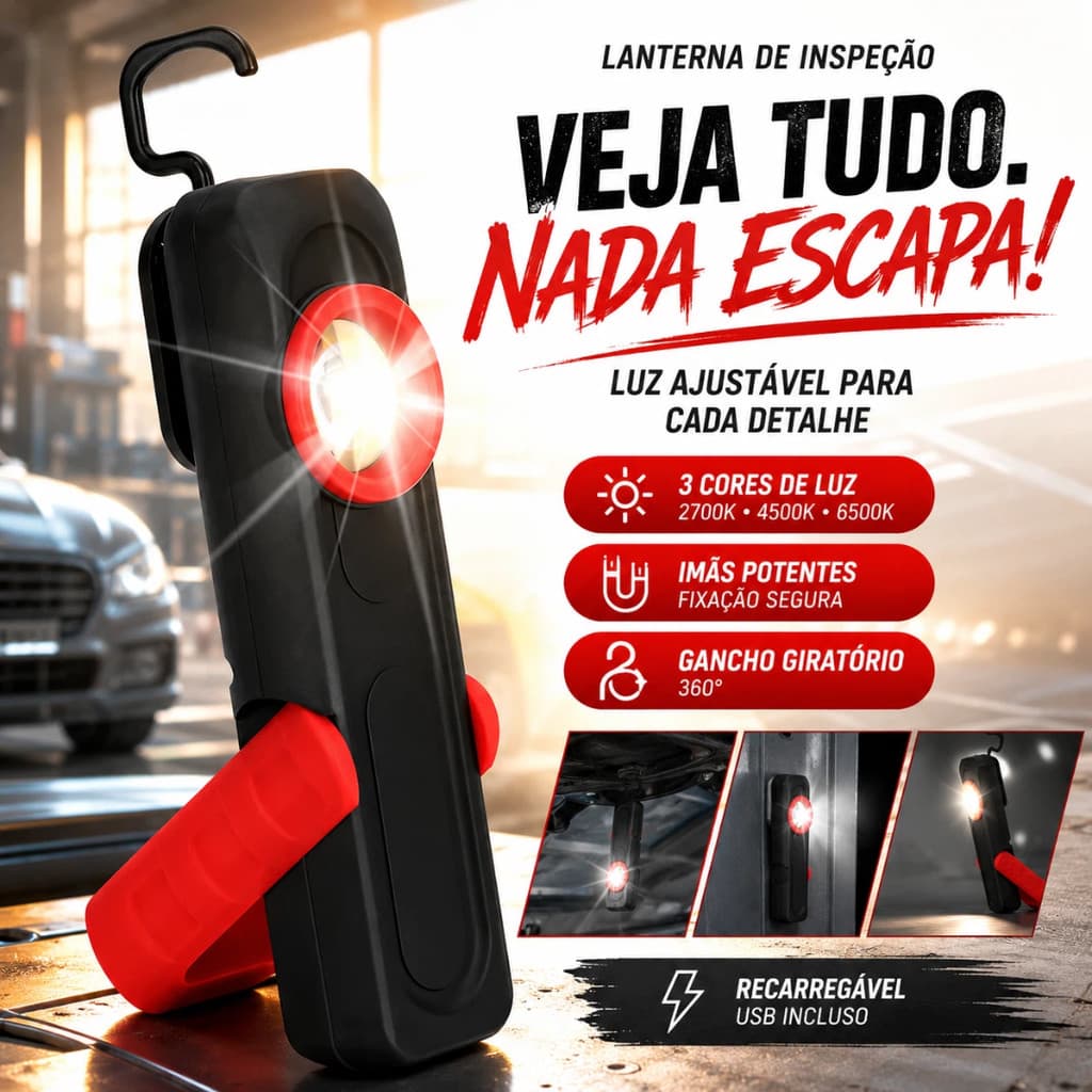 Lanterna De Inspeção LED Recarregável Luz Ajustável Imã Magnético Carro Oficina