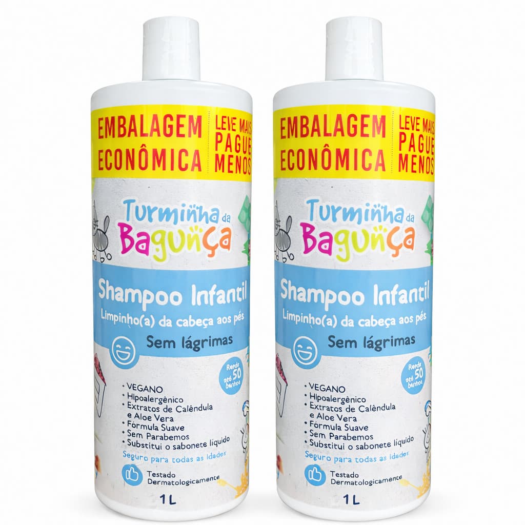 Kit 2 Shampoo Infantil 1L Cada | Banho Fácil Bebê e Sem Lagrimas – Turminha da Bagunça