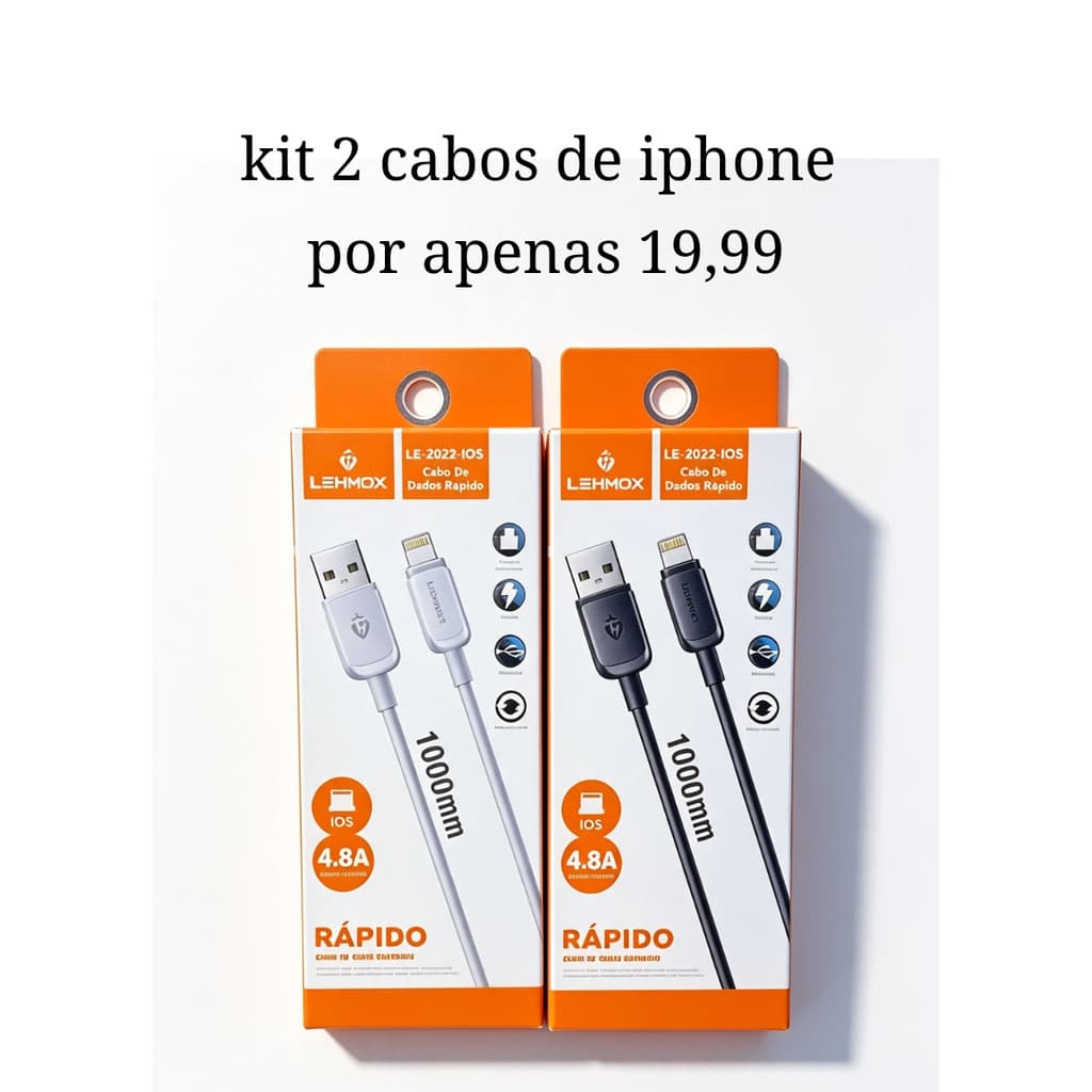 kit 2 cabo IPhone Lightning 7, 8, 9, XR, 12, 13 e 14 Pro Max Turbo Carregamento Rápido IOS