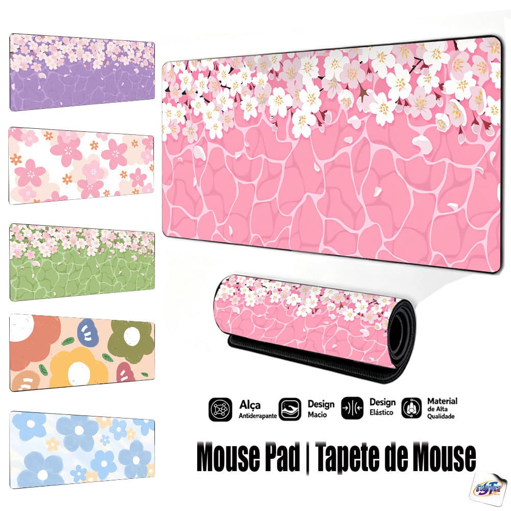 Mouse Pad Gamer Tapete de Mouse 80x30cm Flor de Cerejeira e Reflexo Antiderrapante Borda Costurada FPS Escritório