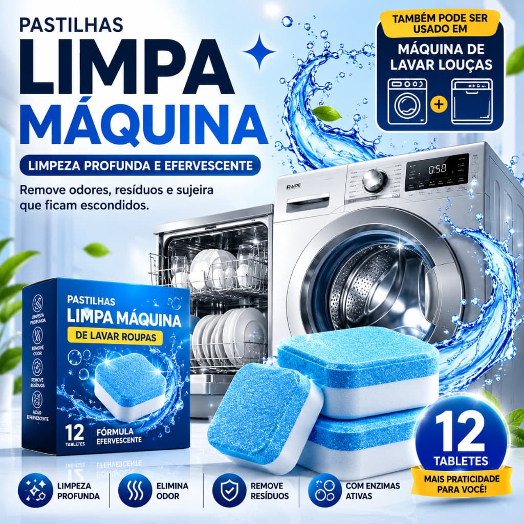 12 24 36 Un. Pastilhas Limpeza de Máquina de Lavar Roupa e Louça Efervescente Limpeza Profunda Remove Resíduos e Odores