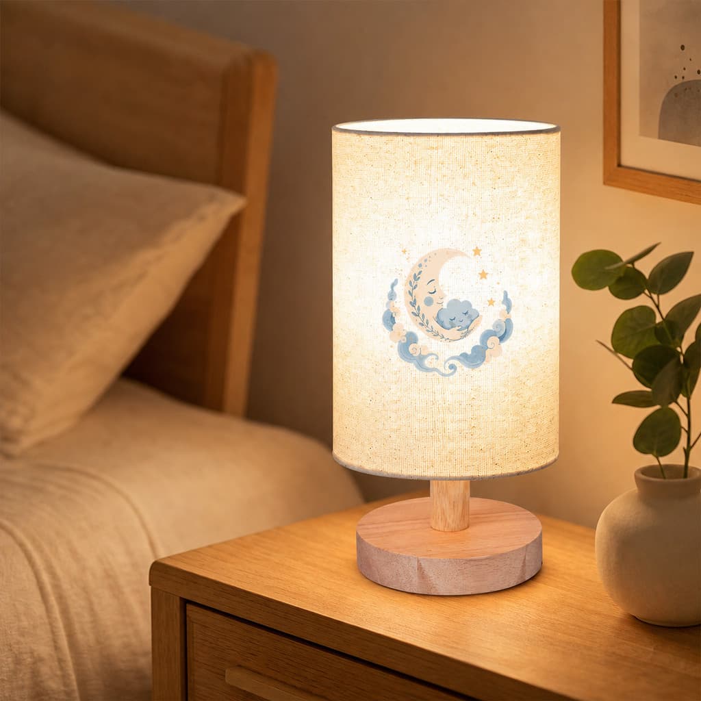 Candeeiro De Mesa Com Abajur De Tecido Lua E Nuvens , Luz Noturna De Cabeceira Base De Madeira