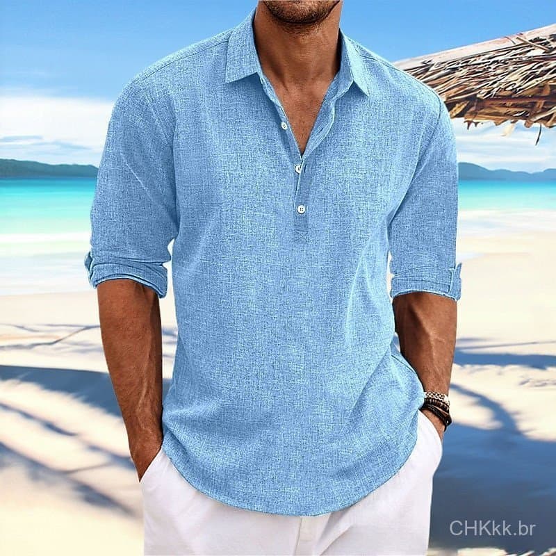 Camisa Casual Masculina de Manga Longa com Gola Reversível em Cor Sólida