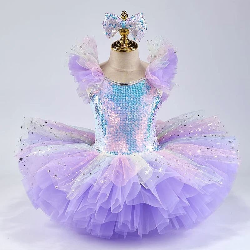 [WDF] Disponível, Pettiskirt para meninas de balé, vestido de princesa com lantejoulas para performance em jardim de inf