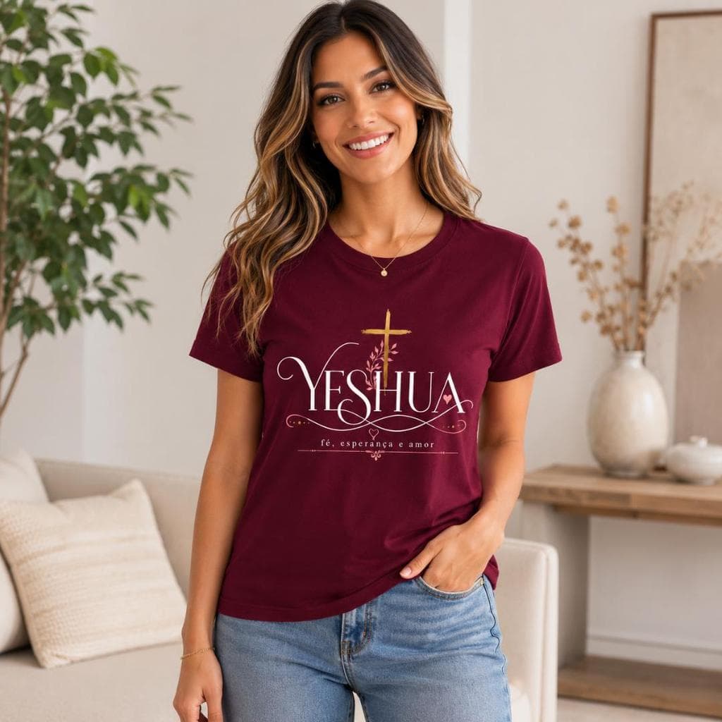 Blusa Feminina Estilosa 100% Algodão Cristã Yeshua Jesus Fé Esperança Amor Manga Curta Evangélica