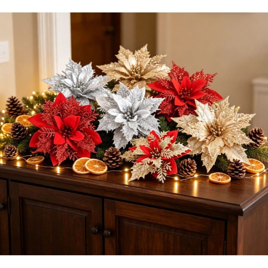 20/10Pcs Flor de Natal Artificial Vermelha Poinsettia para Decoracao de Festa, Arvore, Guirlanda e Arranjos Natalinos