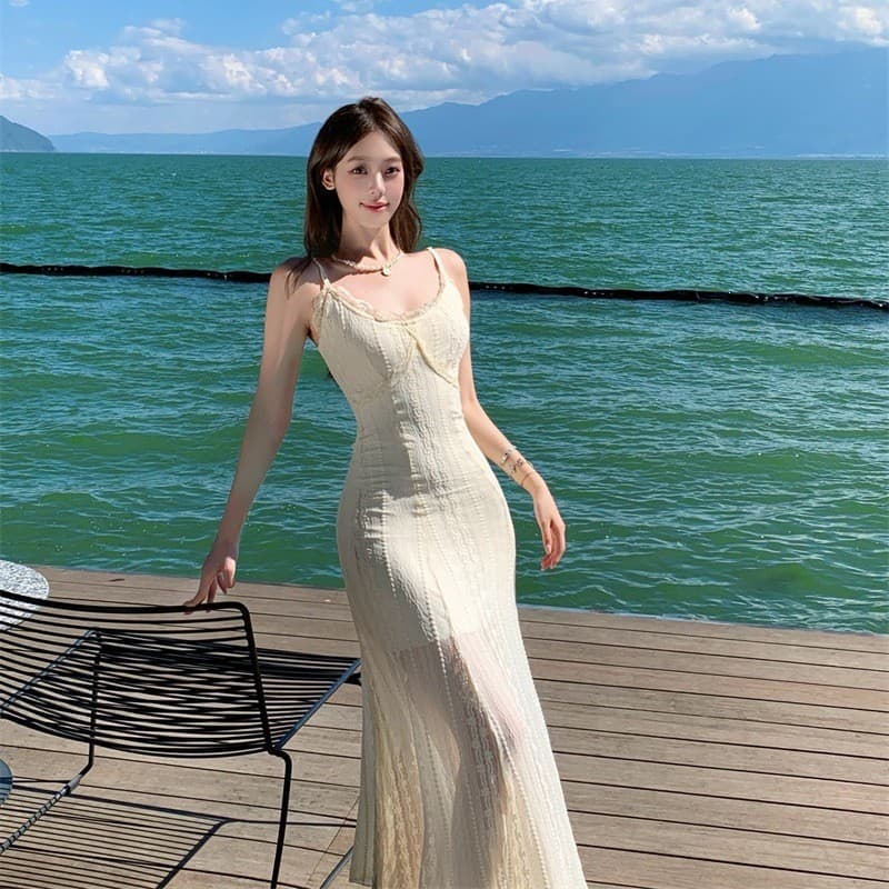 Puro desejo estilo renda branca costura estilingue vestido feminino novo estilo verão Super bonito saia longa