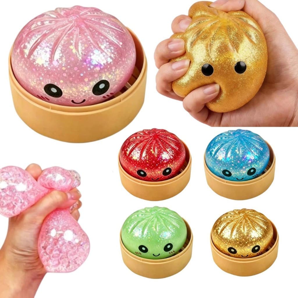 Brinquedo Squishy de Glitter em Forma de Pão de 8,5 cm com Cesto de Vapor, Bola Anti-estresse para Apertar, Brinquedo de