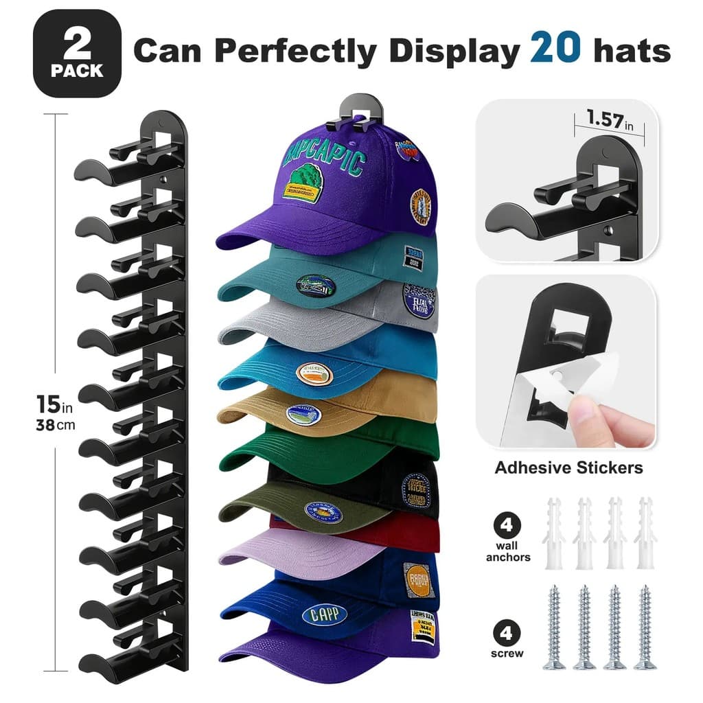 HatRack2Pack, porta-chapéus montado na parede, pode pendurar até 20 chapéus, dispositivo de armazenamento de boné de bei