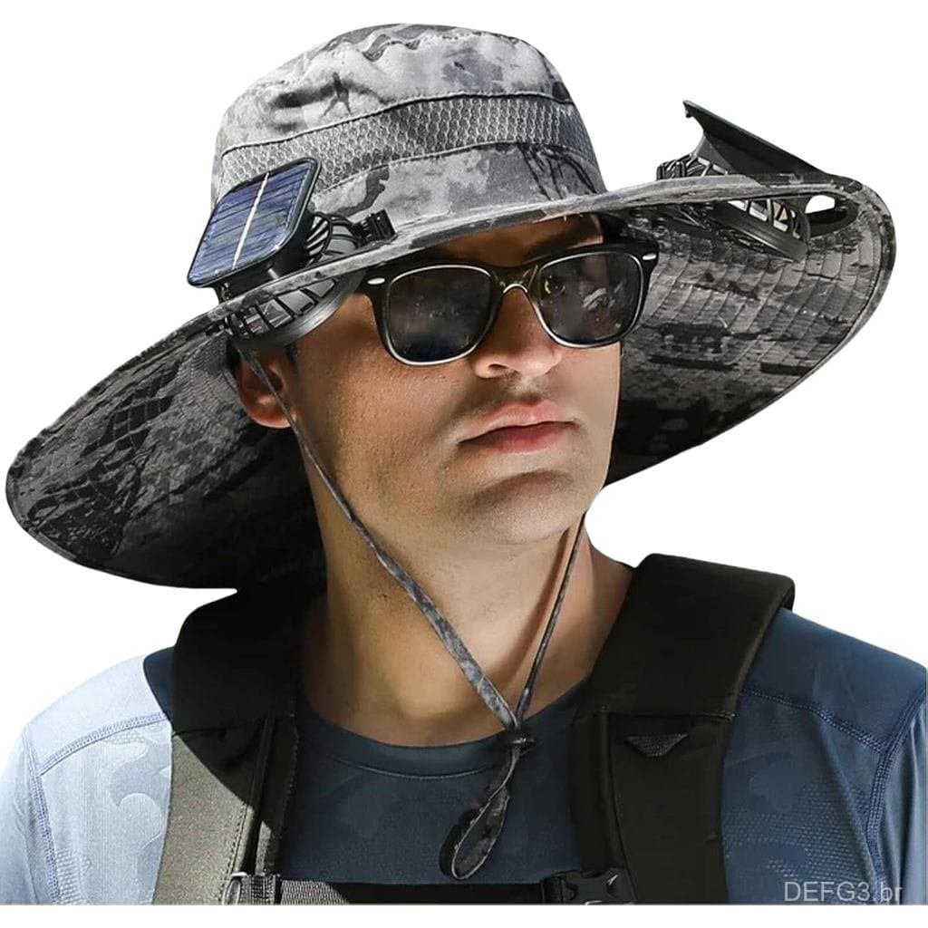 Chapéu SolarFanHat, Chapéu de Sol de Aba Larga para Exterior com 2 Ventiladores Solares, Chapéu Bucket para Homens e Mul