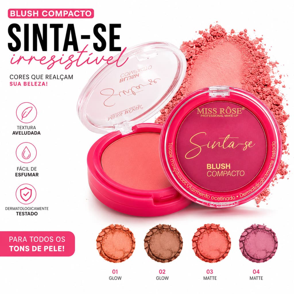 Blush Compacto Glow e Matte Sinta-se Miss Rose | Acabamento Matte e Glow