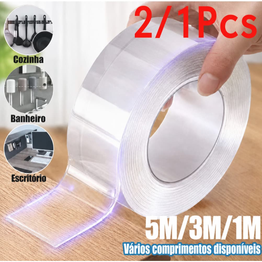 5/3/1M Fita Dupla Face Transparente NanoGel Extra Forte, Reutilizável, Adesiva de Silicone para Parede, Porta