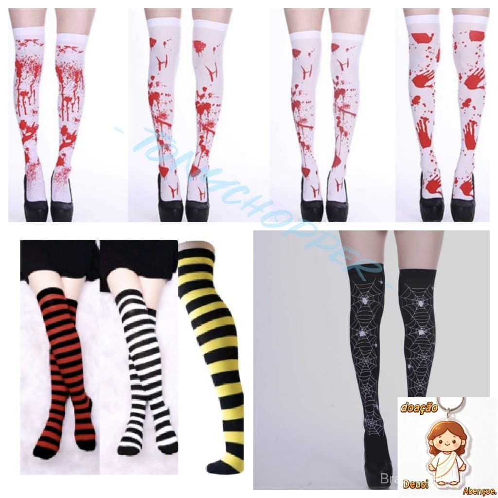 Meia de cano alto listrado 7/8 Listrada anime Festa Fantasia Cosplay Halloween Ferida Cortes Meia Desenhada
