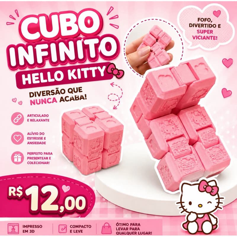 Cubo Infinito Hello Kitty Anti Estresse | Fidget Toy Articulado | Impresso em 3D | Presente Criativo