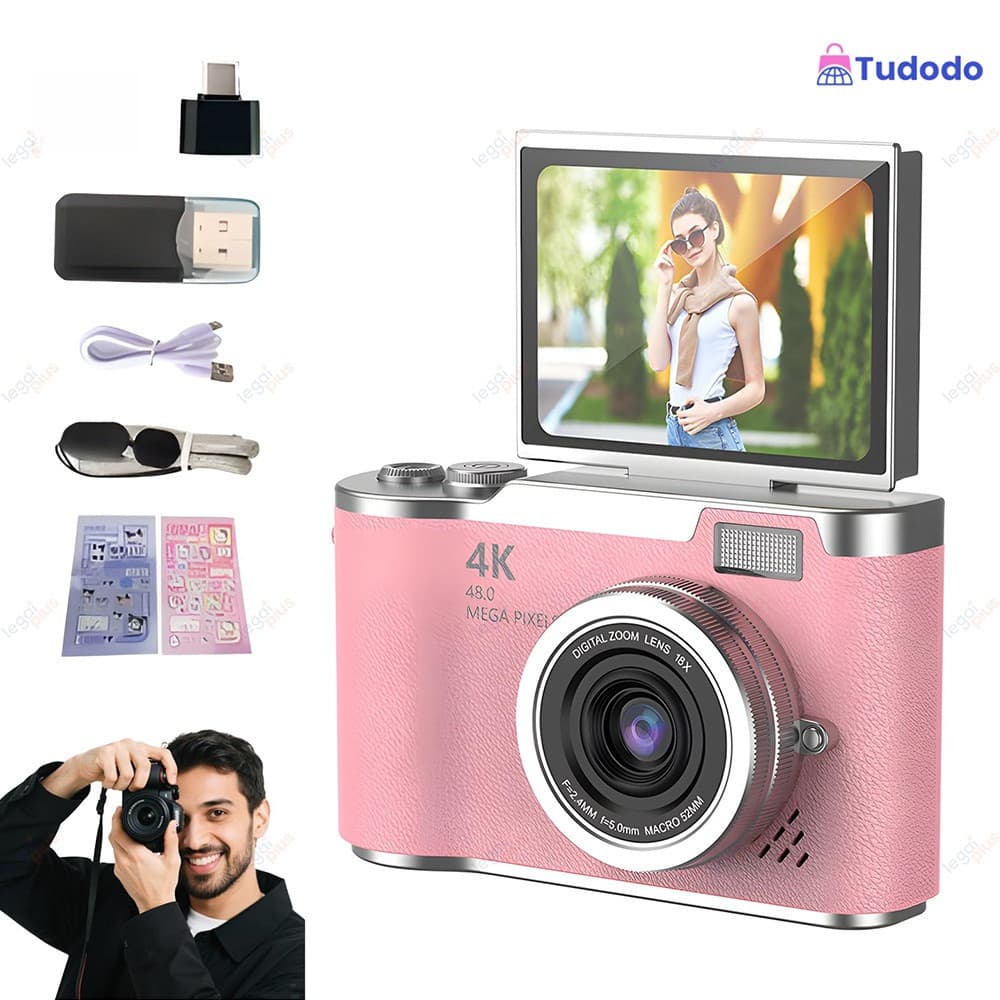 Câmera CCD Profissional 48MP Zoom 8x Gravação 4K Tela Flip para Selfies e Conteúdo Estudantil