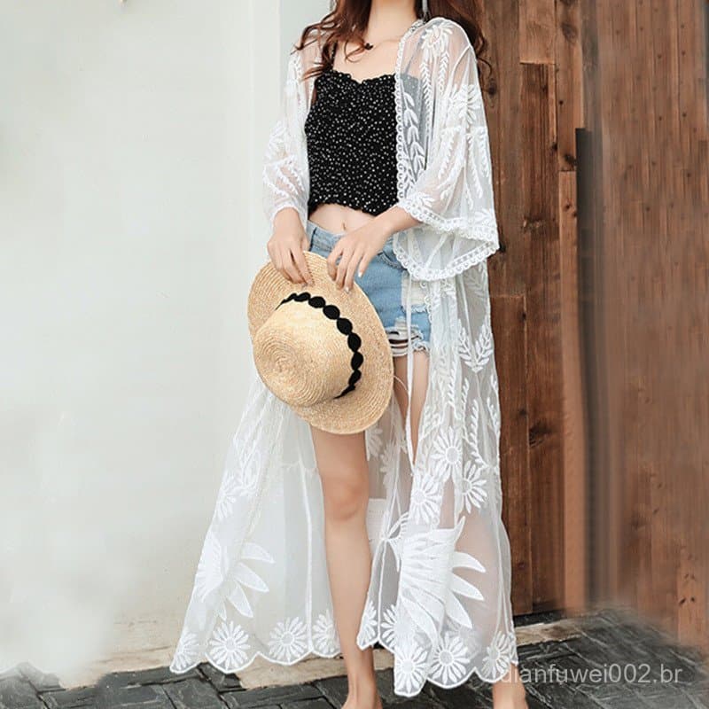 Vestido de praia de renda para férias na praia, saída de praia feminina, biquíni, cardigã vazado, roupa de praia CK44