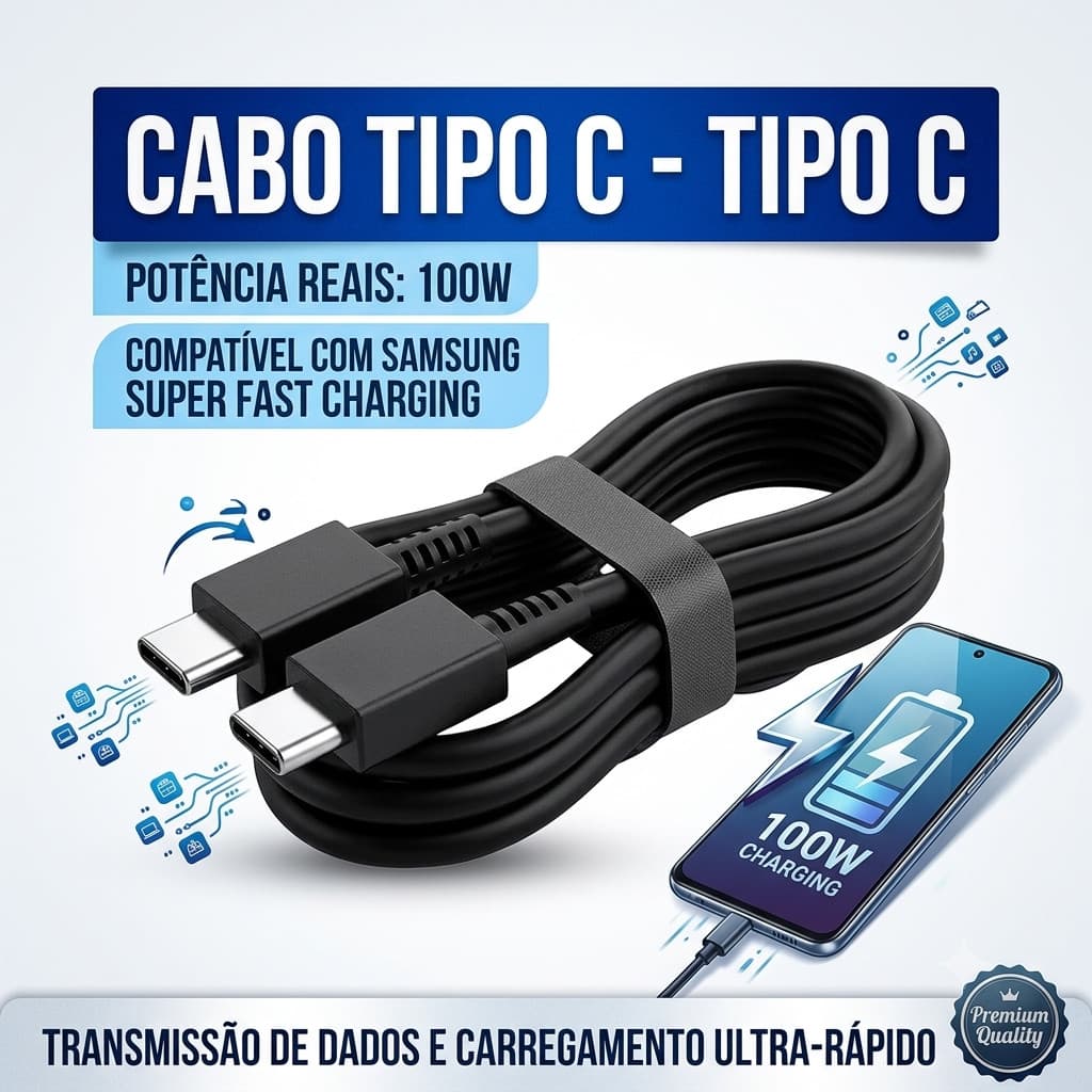 Cabo USB-C 100W Tipo C para Tipo C Carregamento Rápido e Transferência de Dados