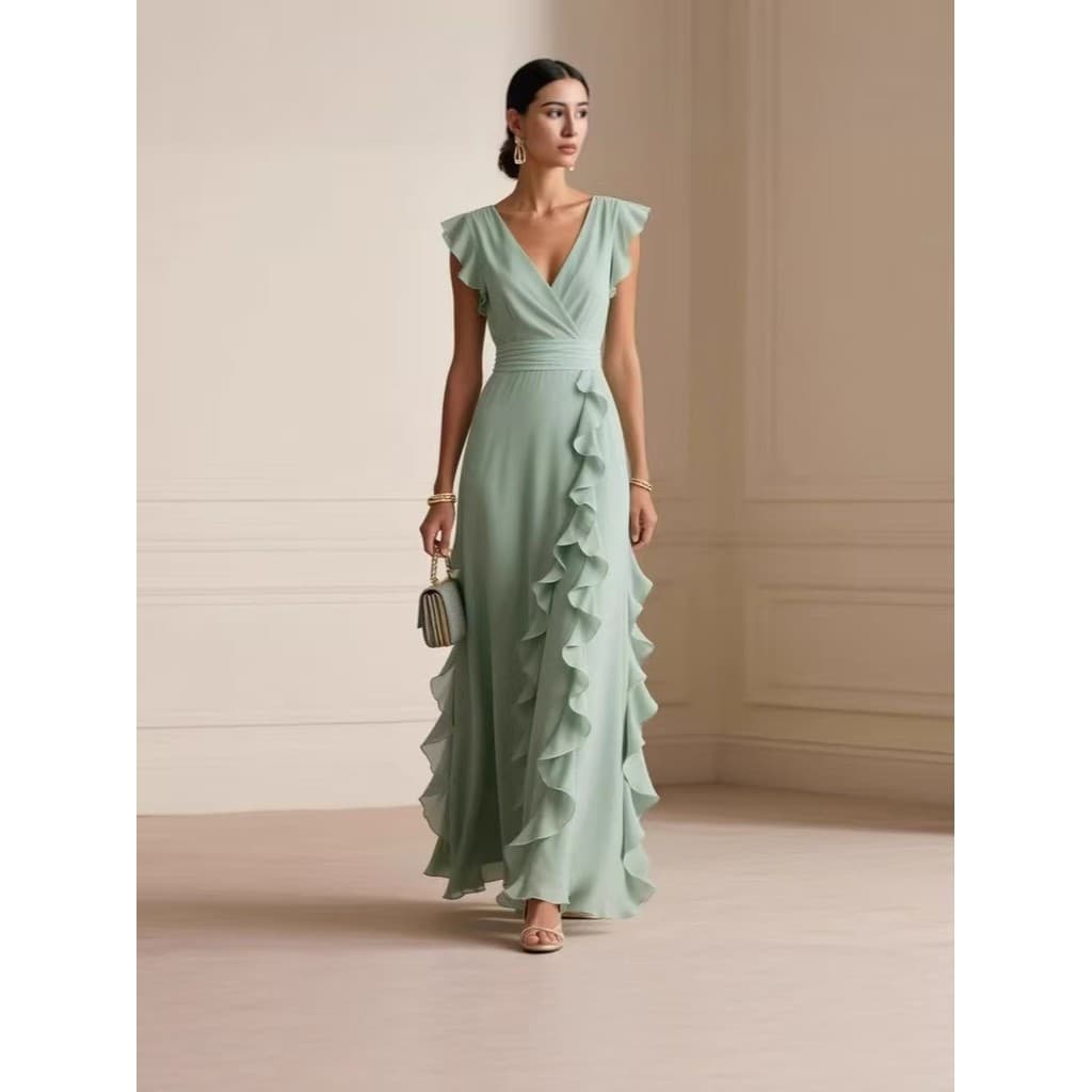 Vestido Feminino de Cor Sólida com Pregas, Manga Curta e Decote em V, Saia Longa LT1U 2026