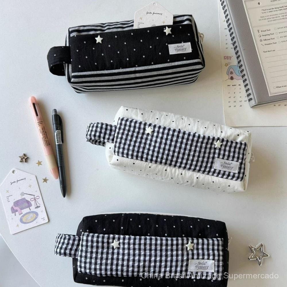 Estojo de lápis em lona com padrão de estrelas pontilhadas, bolsa multifuncional para armazenamento de material escolar,