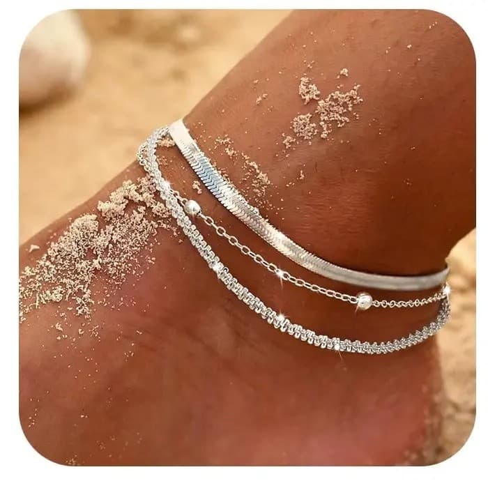 Pulseiras De Tornozelo De Prata Tewiky Para Mulheres , Tornozeleira Impermeável Em Camadas Delicadas Conjunto De Corrent