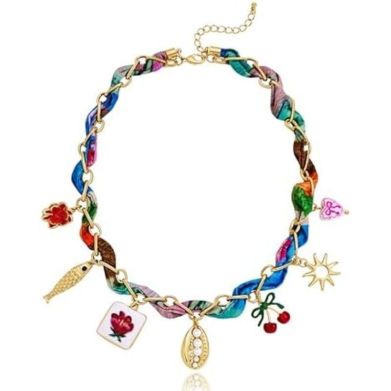 LILIE & amp ; Colar Com Pingentes De Ouro Branco Para Mulheres , De Bandana Coloridos , Joias De Praia , Presente