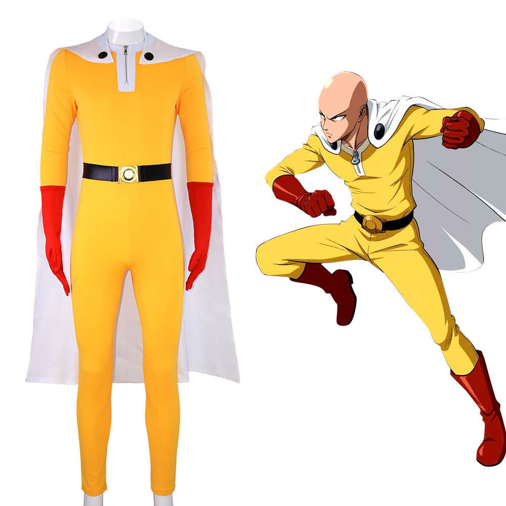 One Punch Man Saitama Cosplay Traje Conjunto Completo Para Adultos Amarelo Herói Terno Macacão Com Manto Luvas Cinto Fes
