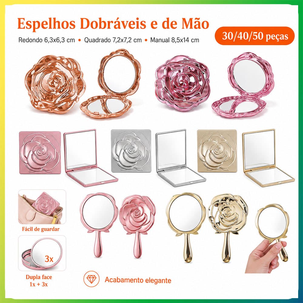 Atacado 30/40/50 Espelhos Compactos, Redondo Dupla Face, Quadrado com Aumento 3x e Espelho de Mão Portátil para Bolsa