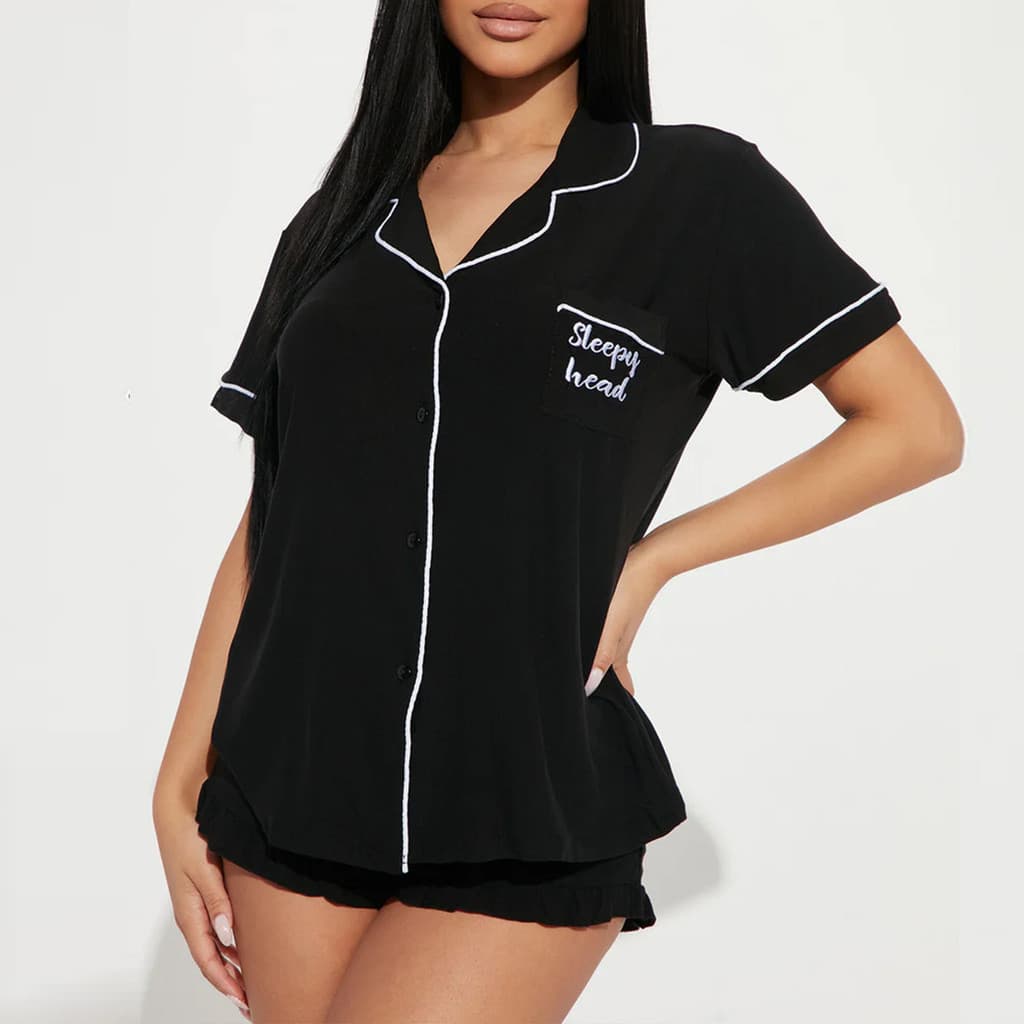 Pijamas femininos lapela Shorts de manga curta dois conjuntos de roupa de dormir feminina